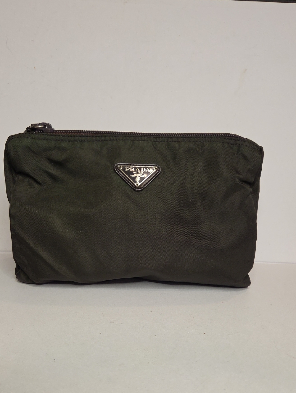 PRADA Dark Olive Green Nylon Toiletry Pouch with Silver Logo